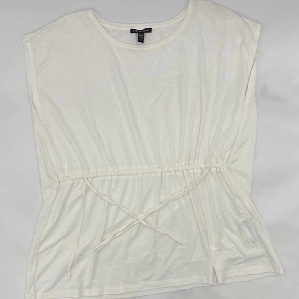 Eileen Fisher Cap Sleeve Drawstring Jersey Knit Top in White